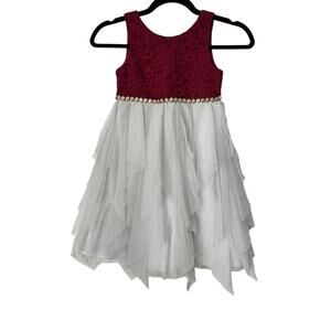 American Princess Dress Girls Size 6 Red Sleeveless Floral 3 Tier White Tulle